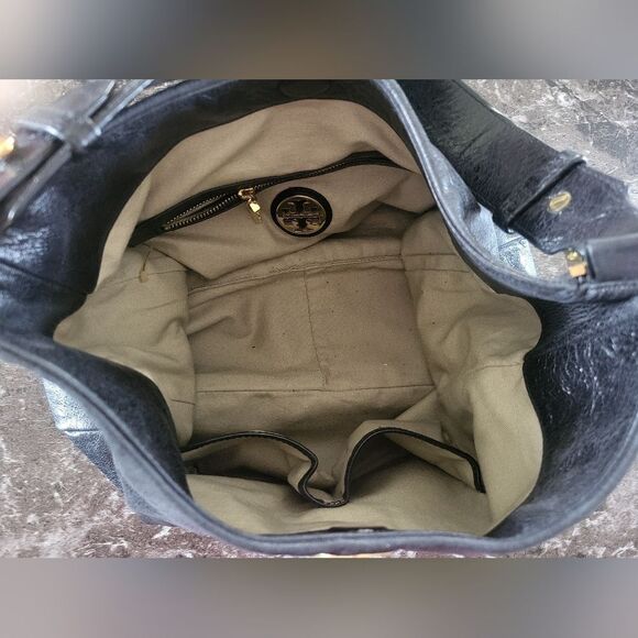 Tory Burch Deerskin Leather Tote In Black With Gold Accessories - Picture 6 of 10